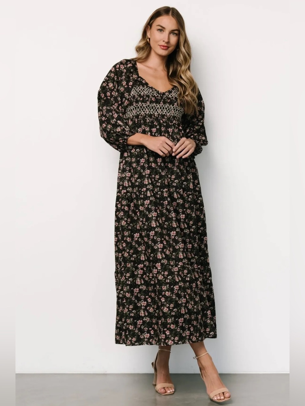 Baltic Born Louisa Smocked Black Floral Maxi Dress Balloon Sleeve Tiered Dress